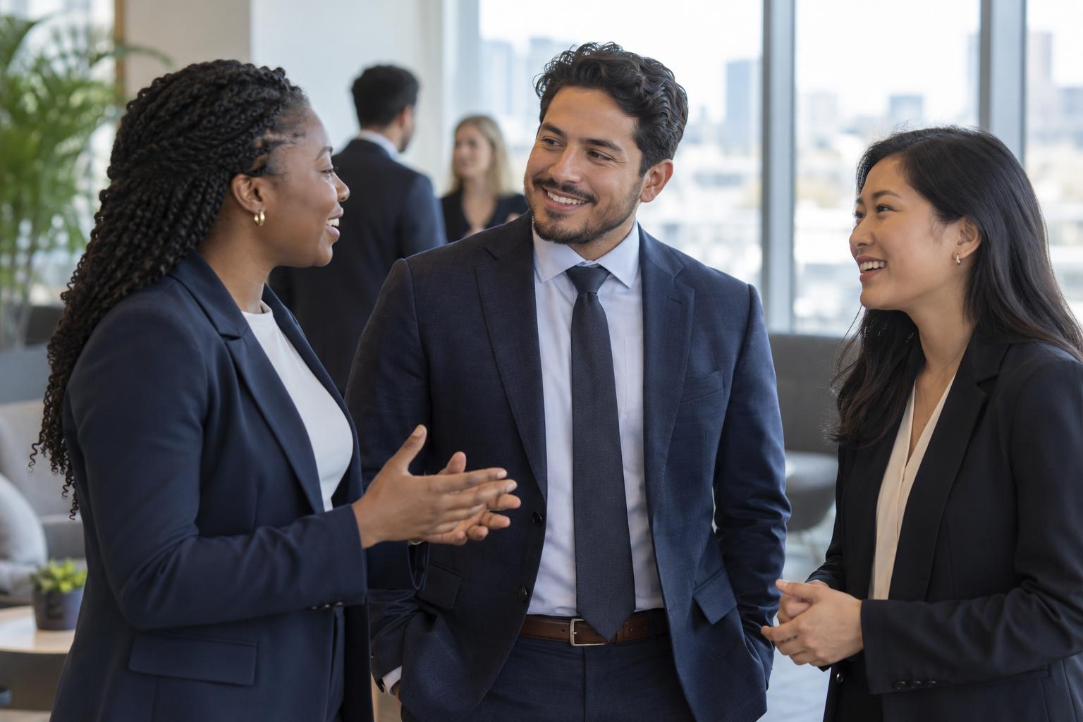 Illustrative photo of three diverse young professionals talking at an office networking gathering.