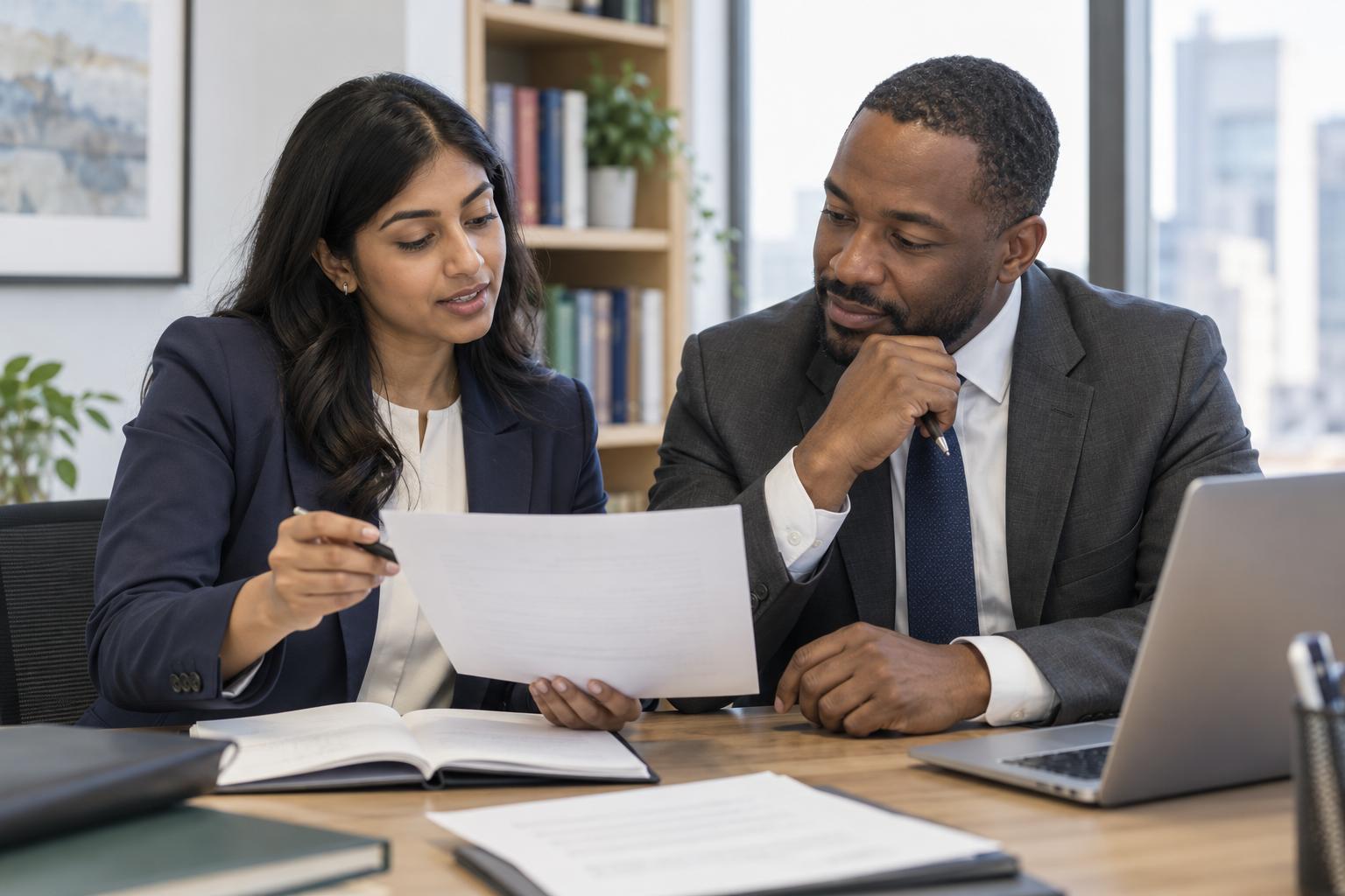 Illustrative photo of a young woman attorney reviewing a document with a male colleague in an office.