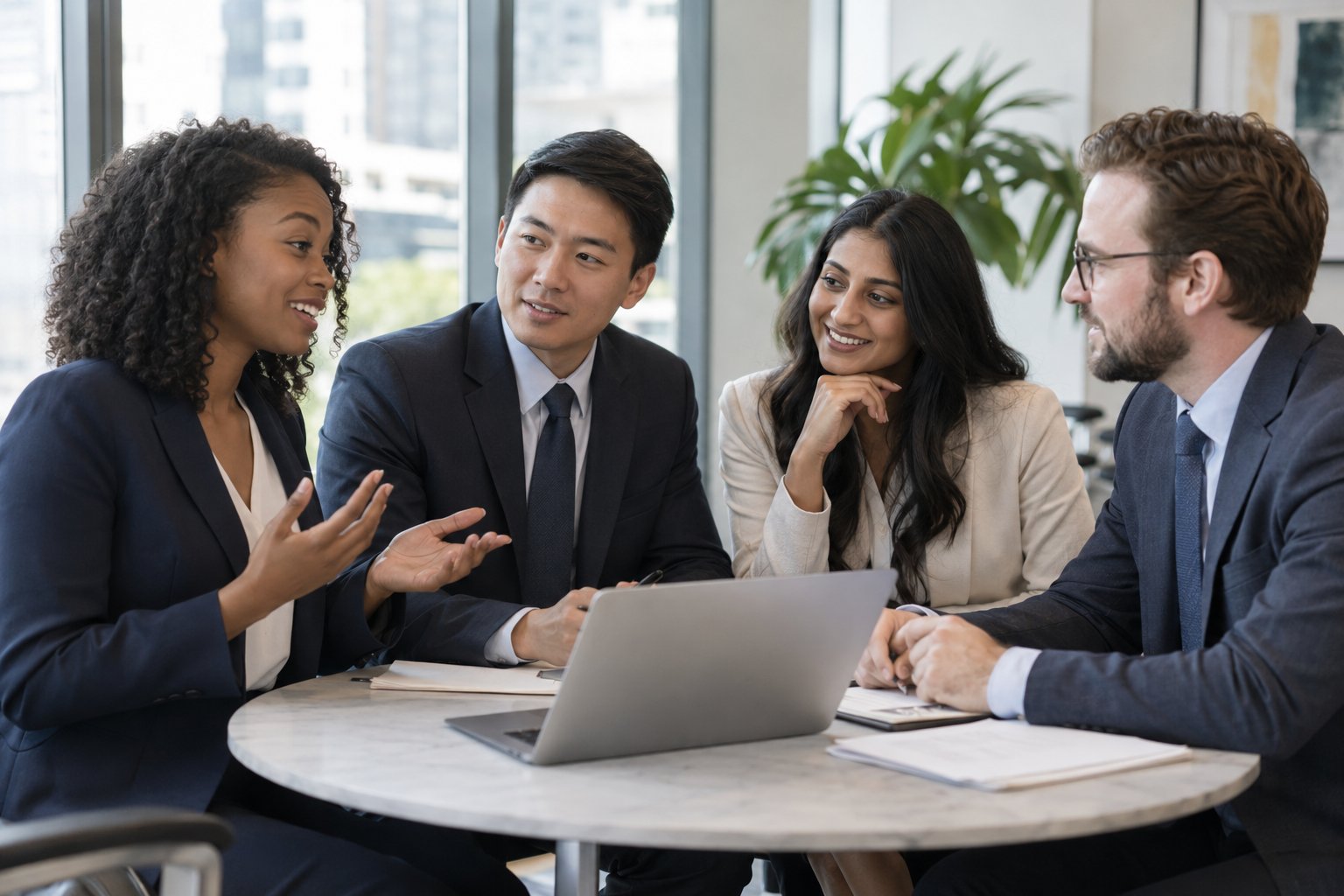 Illustrative photo of four young professionals of diverse ethnicities and genders in business attire collaborating in an office.